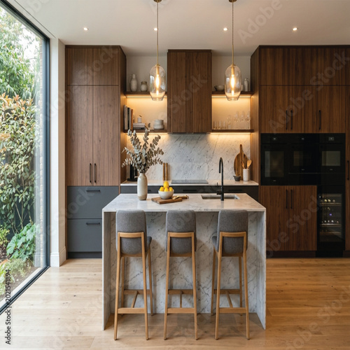 Photos Modern luxury kitchen interior with stylish cabinets, marble countertop, elegant