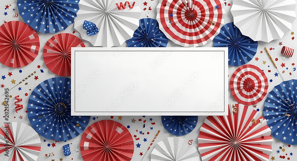Obraz premium American Independence Day Fireworks Explosion with Festive Red White and Blue Celebration Colors, Colorful Fireworks Explosion Night Sky Background with Patriotic American Holiday Celebration Theme