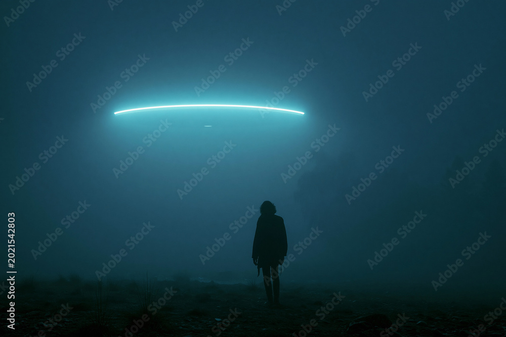 Fototapeta premium Woman standing in dark fog looking at glowing unidentified flying object in sky. Mysterious cinematic scene of extraterrestrial