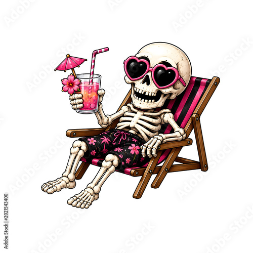 A skeleton is seated in a deck chair while holding a drink with an umbrella. It has sunglasses on and is surrounded by a summer vibe. This scene captures a fun moment during vacation