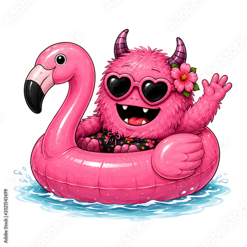 A pink monster with fuzzy fur and horns relaxes on a flamingo float in a pool. It wears sunglasses and has a flower accessory. Water splashes around, creating a fun vibe