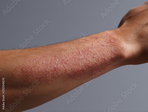 Close-up of severe skin rash on a man's forearm showing signs of eczema, psoriasis, or dermatitis with red inflamed and scaly patches