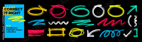 Foto Set of hand-drawn highlight shapes and elements in various colors on a black background, suitable for design and creative projects