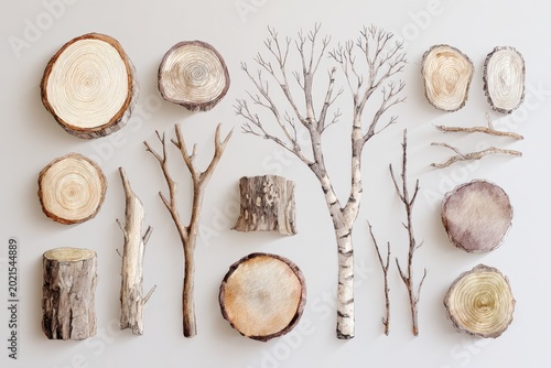 Rustic wood elements composition: watercolor branches, tree rings, and bare twigs on a white background