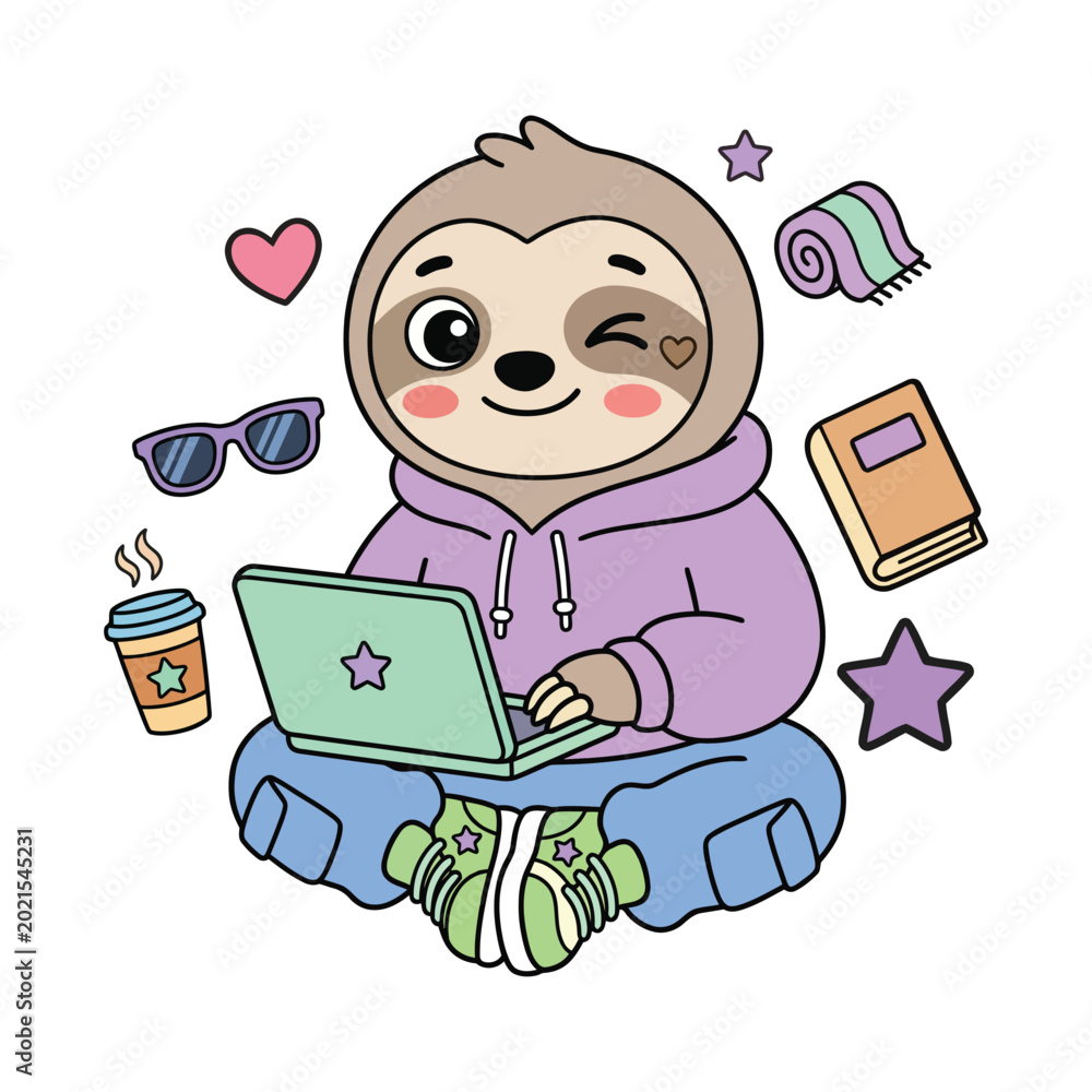 Naklejka premium Cute Sloth Working on Laptop Gen Z Cartoon Flat Vector Illustration