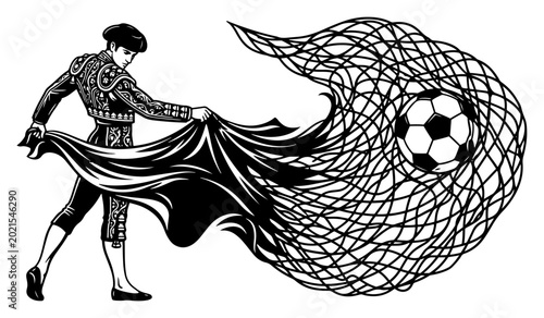 Картината върху платно Bullfighter matador waving cape that transforms into soccer net with ball in cla
