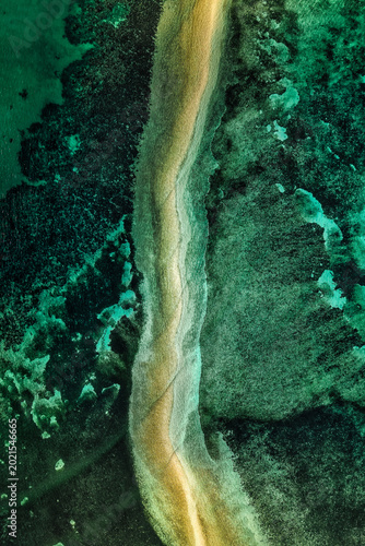 Obraz na plátne Aerial drone view of Lakdayan Sandbar near Coron Island, Philippines, featuring a curved tropical sandbar, turquoise coral reefs, crystal clear ocean water and a remote island landscape in Palawan