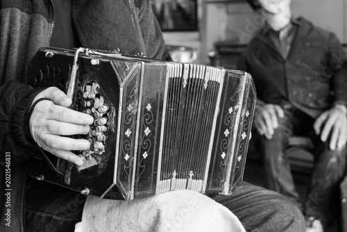 Close-up shows hands playing a bandoneon. Soft, ambient light accentuates intricate details. d.