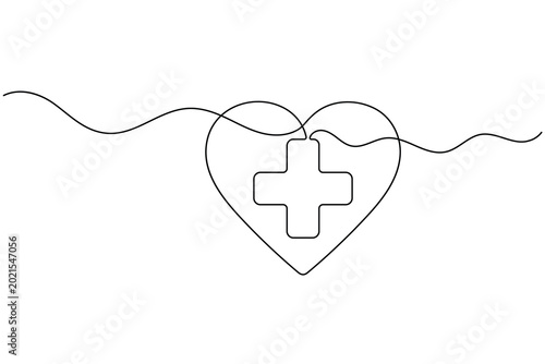 Continuous single line drawing of a heart with a medical cross symbol