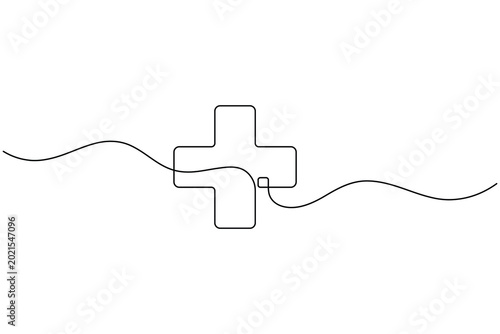 Medical cross symbol drawn with one continuous black line on a simple flat surface