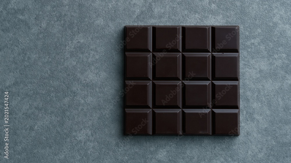 Obraz premium Sweet dark chocolate sits on a gray surface, viewed from above.