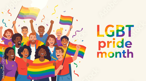 Happy Diverse People Celebrating LGBT Pride Month Vector Illustration