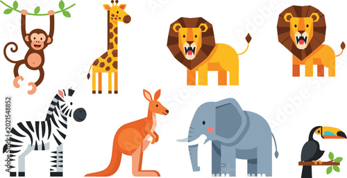 Photography Wild Animal Icon Set Featuring Monkey, Lion, Giraffe, Zebra, Kangaroo, Elephant,