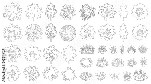 Fotografie Minimal CAD Trees, Shrubs & Grass Symbols, Top-View Vector Outline Set for Lands