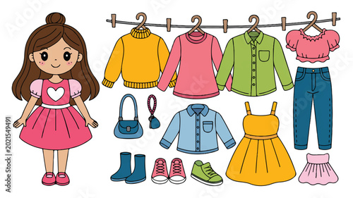 cartoon girl with various colorful clothes and accessories on white background