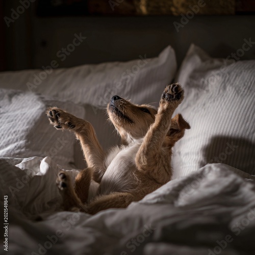A small brown dog lies on a bed with its paws raised in a playful position.