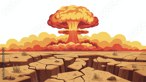 cartoon illustration of a nuclear explosion in a desert with a cracked earth and orange smoke
