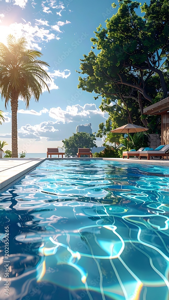 Fototapeta premium Luxurious Tropical Resort Poolside with Palm Trees and Clear Blue Sky.
