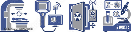 Canvastavla Radiation therapy and laboratory research icons set with cancer treatment machinery and scientific microscope tool