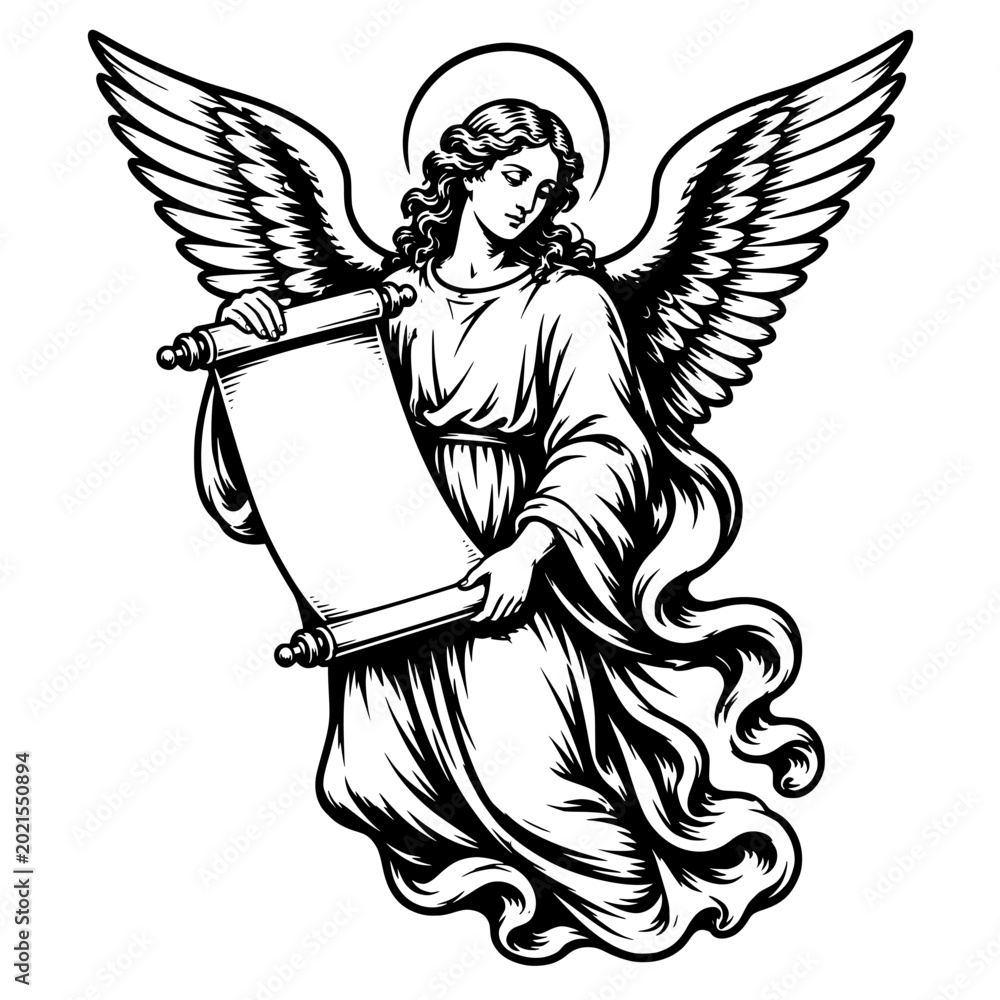 Fototapeta premium angel holding blank scroll with wings and halo for divine message religion faith spiritual announcement and sacred fantasy concept