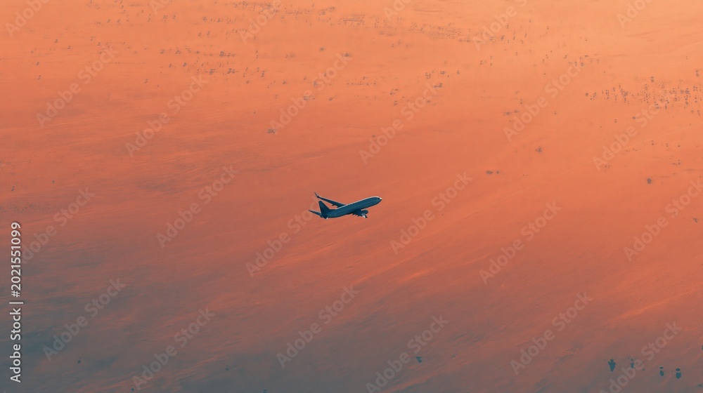 Fototapeta premium Plane flies over orange surface.