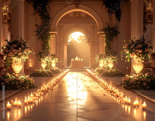 Romantic wedding aisle with candles.