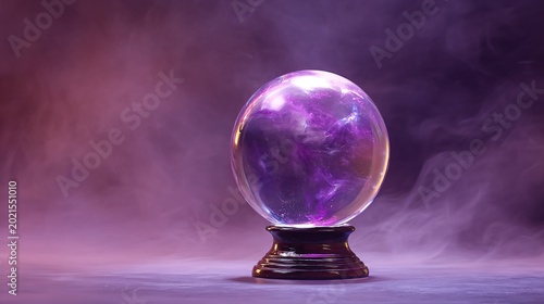 A mystical crystal ball sits on a dark wooden base.