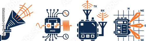 Bild auf Leinwand Signal processing and radio frequency transmission equipment showing modulation antenna hardware and navigation