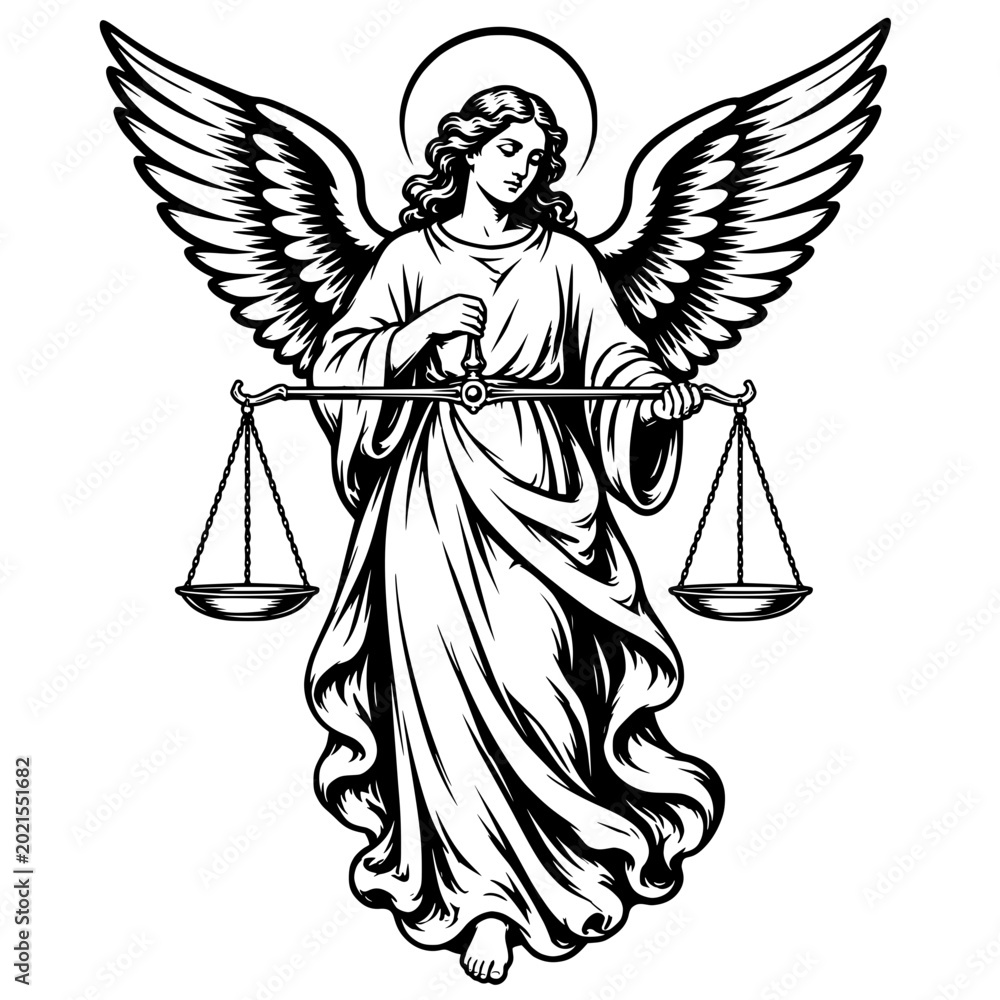 Naklejka premium angel holding scales for divine justice balance faith religion spiritual judgment and sacred guardian concept