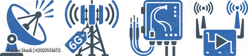 Foto Telecommunications infrastructure featuring satellite dishes 6G towers fiber optics and router networking hardware