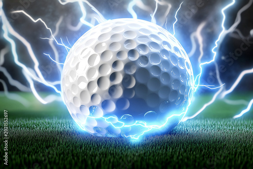 White golf ball resting on a lush green grass field, completely enveloped by intense