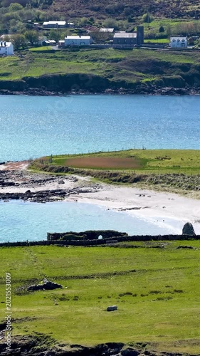 Aerial view of the Inishkeel monastery by Portnoo in County Donegal, Ireland.