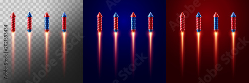 Photos Firework rockets with light explosive effect on transparent,Blue and red background