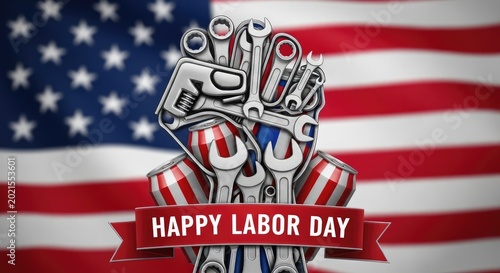 Labor day american flag with tools celebrating workers and industry