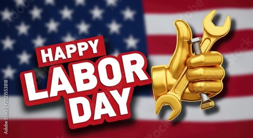 Happy labor day american worker celebration with tools and flag