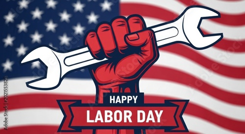 Labor day illustration fist holding wrench with american flag background