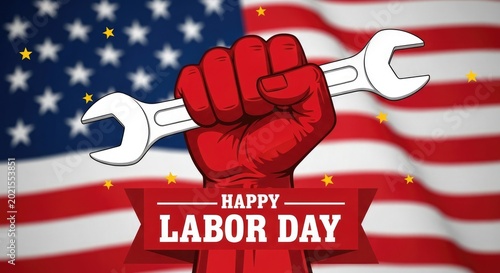 Labor day illustration fist holding wrench with american flag background