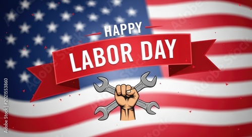 Happy labor day american flag with wrench and ribbon illustration