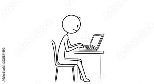 Foto Stick figure person working intently on laptop computer at a desk, focused, isolated white background