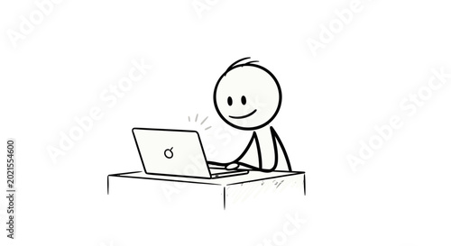 Vászonkép Diligent stick figure person working on a laptop computer at a desk, focused on tasks on an isolated white background