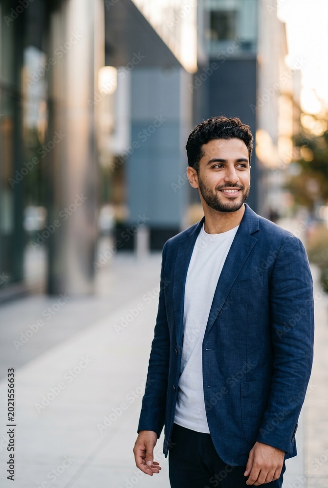 Fototapeta premium Portrait of a Confident Young Man in a Blue Blazer Smiling on a City Street