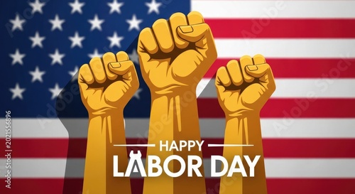 Labor day celebration raised fists with american flag background