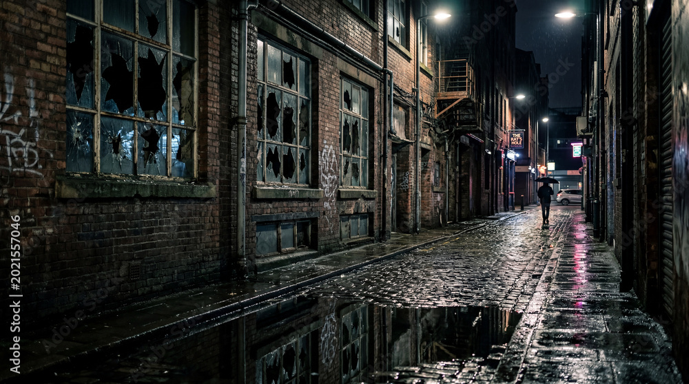 Fototapeta premium Urban backstreet with shattered windows and wet reflections in cinematic professional photographic style