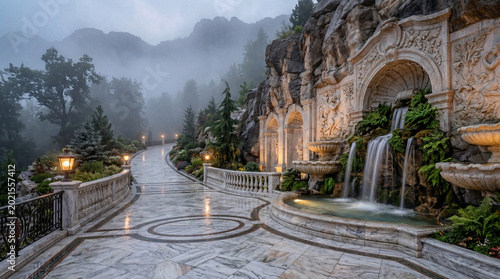 Lavish marble dead-end avenue in a mountain estate with abrupt end captured professionally