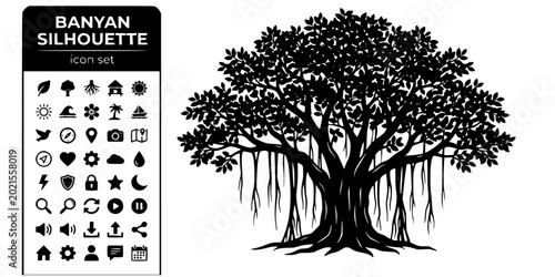 Photos Banyan Tree Silhouette Black White-Aerial Root Canopy-Tropical Tree Vector-Banya