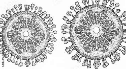 Detailed hand drawn representation of hantavirus in three dimensional perspective