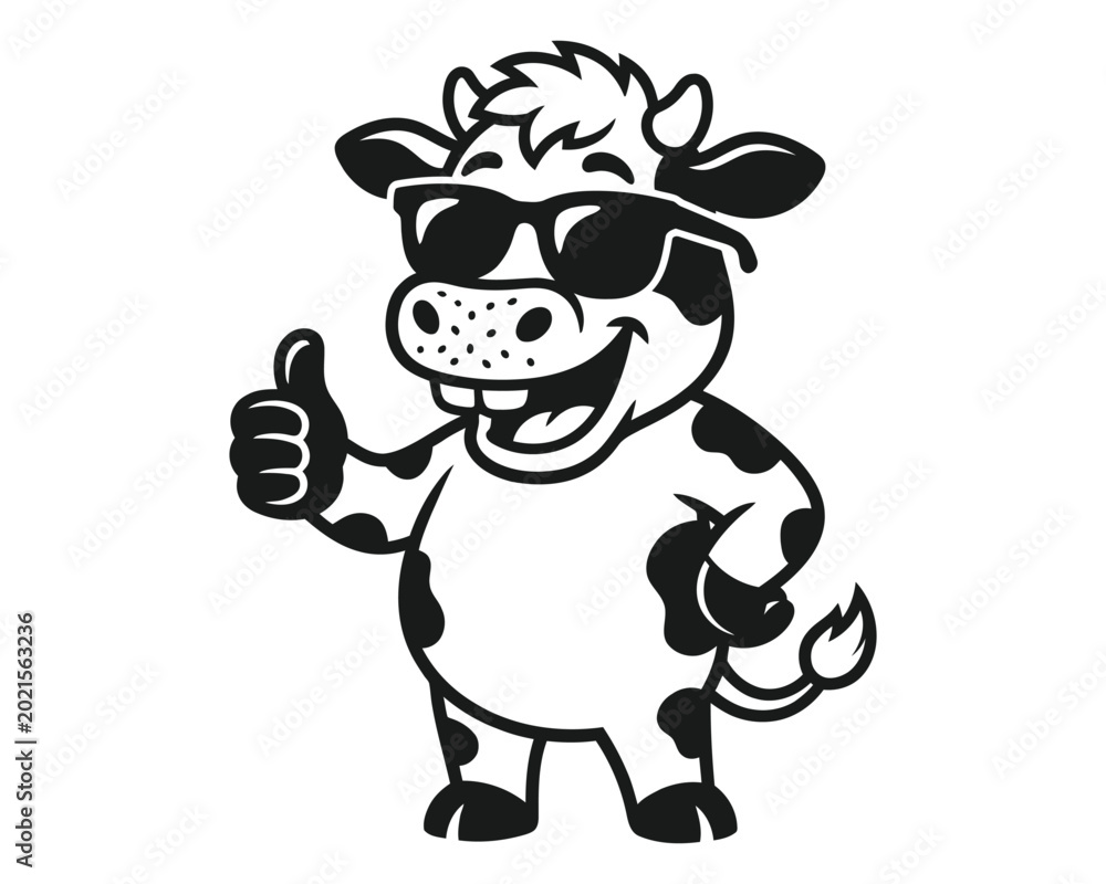 Fototapeta premium Funny animal black and white vector illustration cool cow giving thumbs up graphic design element