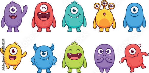 Foto Cute cartoon monster sticker set with funny friendly one-eyed aliens for kid des