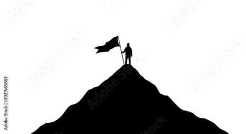 Foto Silhouette of person with flag on mountain peak isolated on white