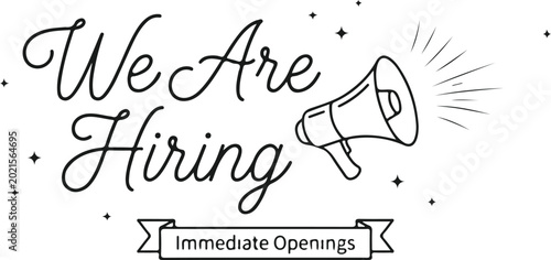 Fotografía We are hiring with megaphone and text immediate openings in stylized script on checked background